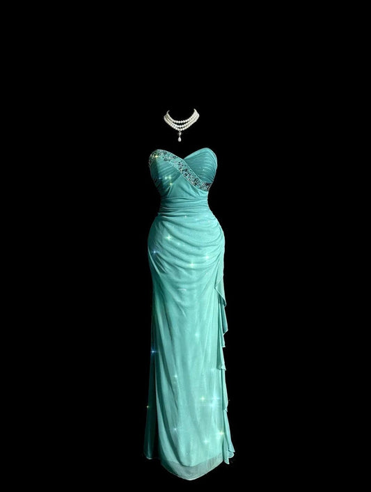 Robe de soirée fourreau en mousseline de soie bleu Tiffany à paillettes, décolleté en cœur, à volants, ED02520