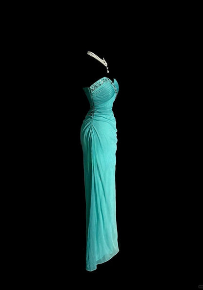 Robe de soirée fourreau en mousseline de soie bleu Tiffany à paillettes, décolleté en cœur, à volants, ED02520