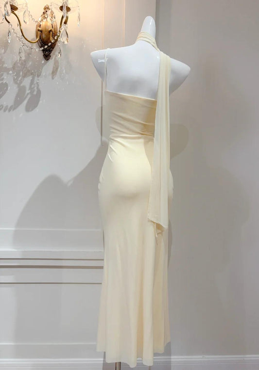 Elegant Butter Yellow Asymmetric Neck Chiffon Bodycon Party Dress Short Prom Dresses ED02523