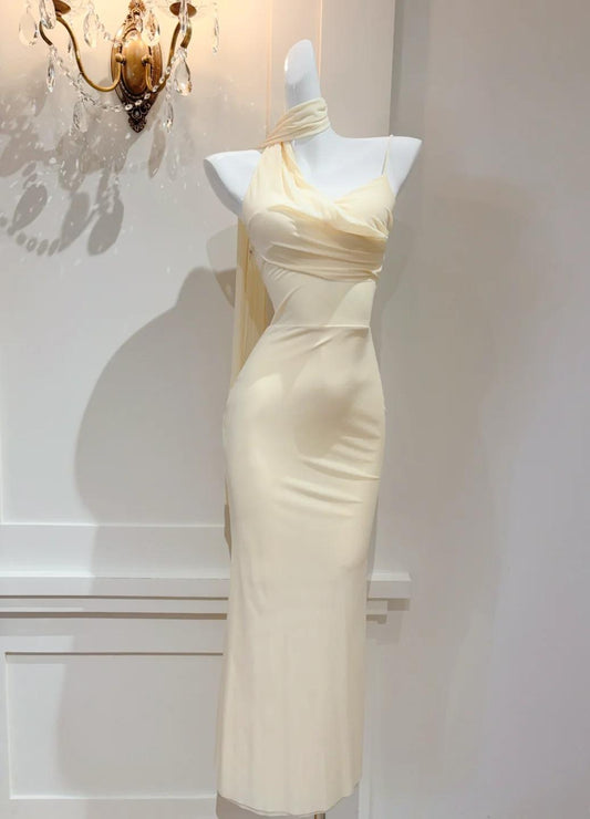 Elegant Butter Yellow Asymmetric Neck Chiffon Bodycon Party Dress Short Prom Dresses ED02523