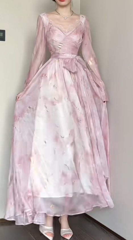 Elegantes rosa A-Linien-Chiffon-Partykleid mit V-Ausschnitt ED02526