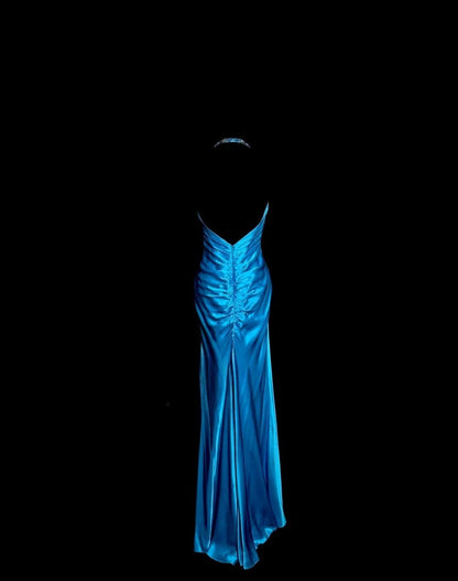 Robe de soirée longue en satin bleu, élégante, col en V, style sirène, dos nu, ED02528