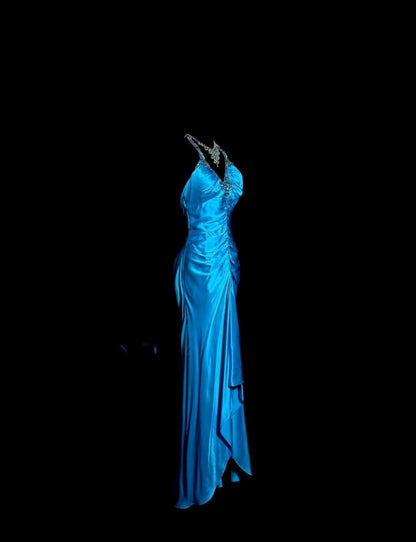 Robe de soirée longue en satin bleu, élégante, col en V, style sirène, dos nu, ED02528