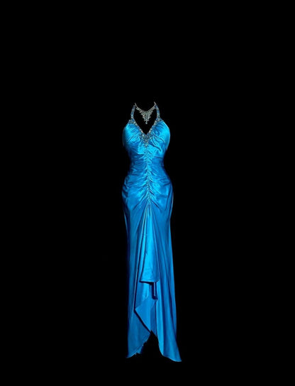 Robe de soirée longue en satin bleu, élégante, col en V, style sirène, dos nu, ED02528