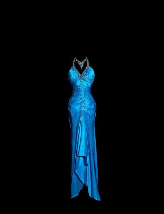 Robe de soirée longue en satin bleu, élégante, col en V, style sirène, dos nu, ED02528