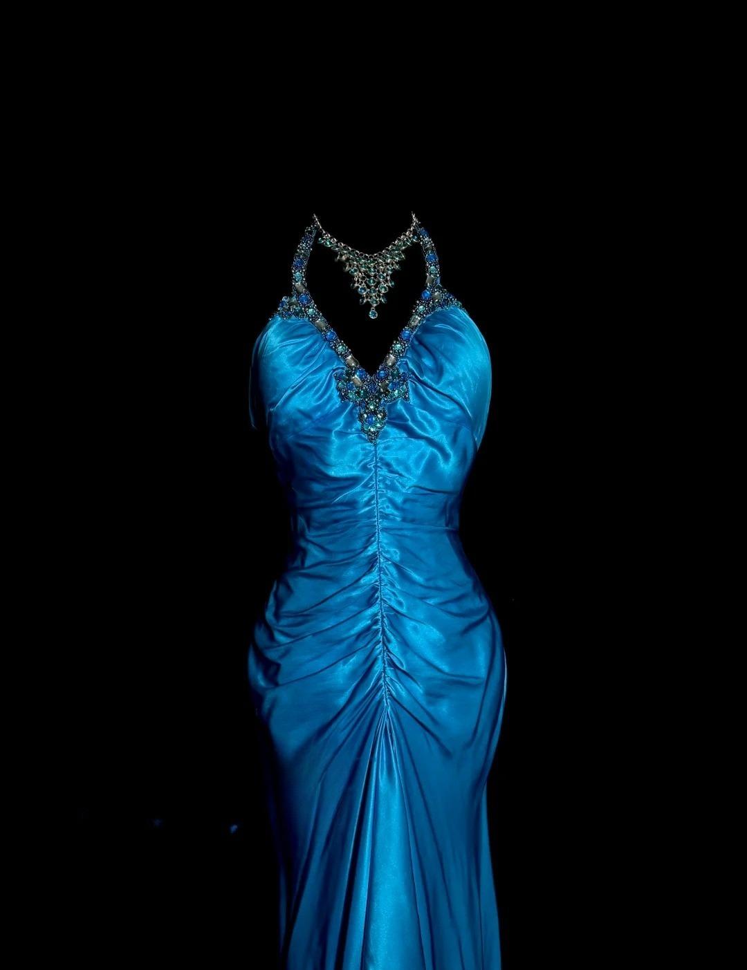 Robe de soirée longue en satin bleu, élégante, col en V, style sirène, dos nu, ED02528