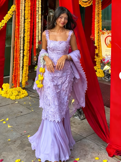 Gorgeous Hot Pink Square Neck Mermaid Tulle Appliques Long Prom Dresses Formal Evening Gowns with Capes ED02530