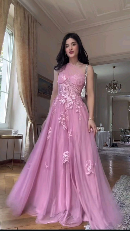 Robe de soirée longue rose élégante à une épaule et en tulle avec appliques, ED02532
