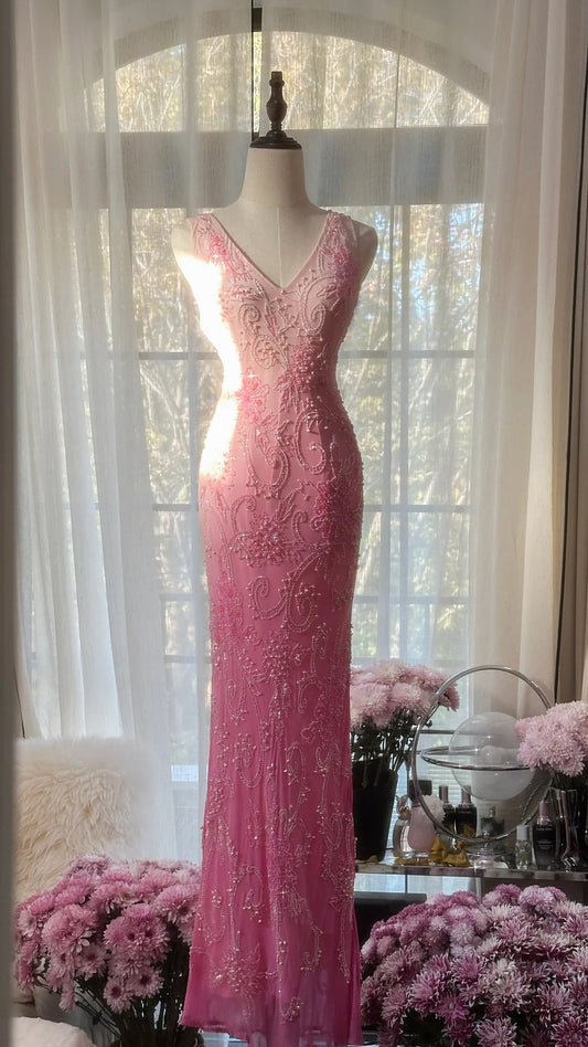Superbe robe de bal longue en mousseline de soie rose dégradé, style sirène, col en V, avec perles, style vintage, ED02533