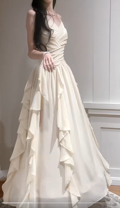 Elegante Apricot Spaghettiträger A-Linie Chiffon Lange Ballkleider Geburtstag Abendkleider ED02538