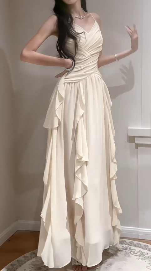 Elegante Apricot Spaghettiträger A-Linie Chiffon Lange Ballkleider Geburtstag Abendkleider ED02538