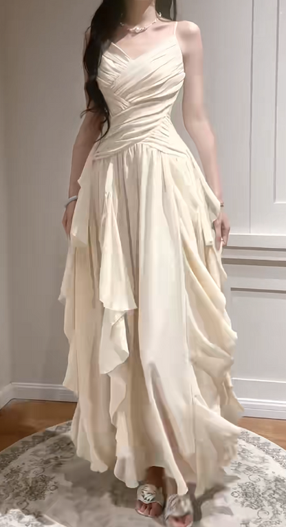 Elegante Apricot Spaghettiträger A-Linie Chiffon Lange Ballkleider Geburtstag Abendkleider ED02538