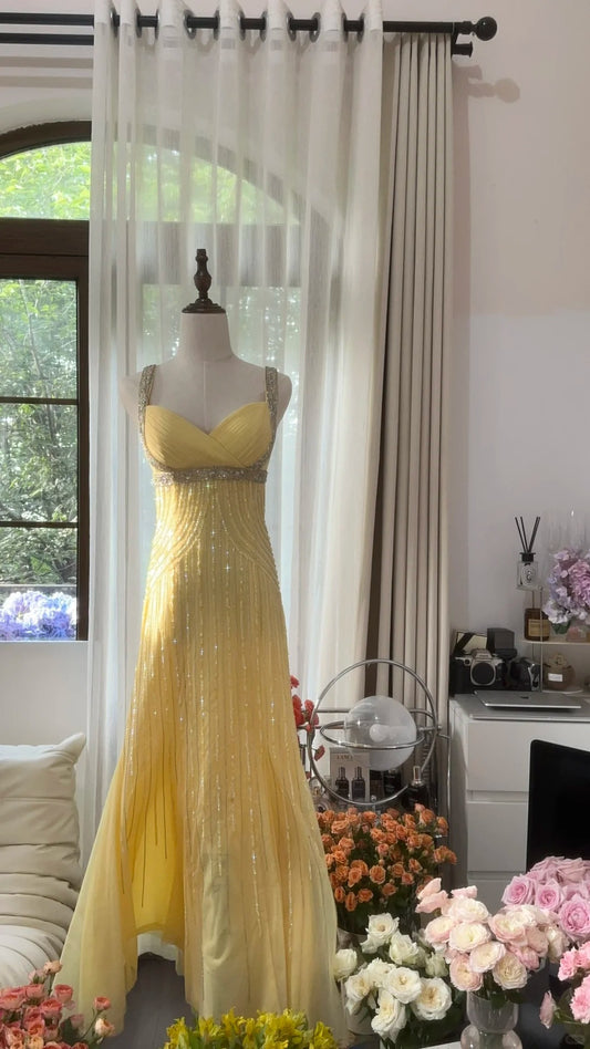 Wunderschöne Buttergelb Sweetheart Neck Mermaid Perlen Chiffon Lange Ballkleider Vintage Formale Abendkleider ED02539