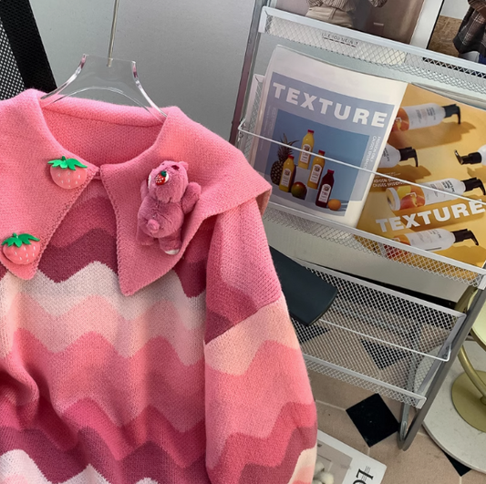 Sweet Strawberry Bear Doll Collar Long Sleeve Sweater ED0253