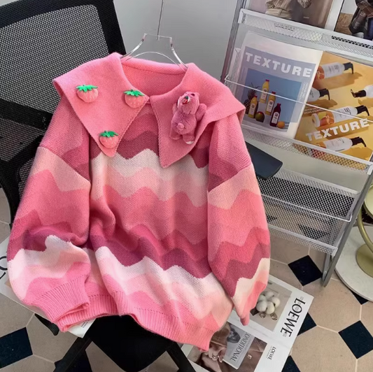 Sweet Strawberry Bear Doll Collar Long Sleeve Sweater ED0253