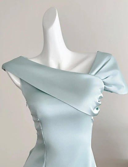 Süßes Tiffany Blaues Chiffon-A-Linien-Partykleid mit asymmetrischem Ausschnitt ED02541