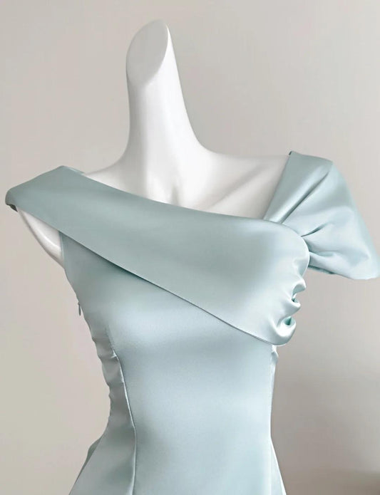 Süßes Tiffany Blaues Chiffon-A-Linien-Partykleid mit asymmetrischem Ausschnitt ED02541