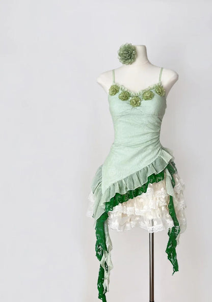 Märchenhafte grüne Spaghettiträger, figurbetontes Spitzen-Tüll-Kurzballkleid, Homecoming-Kleid, ED02542