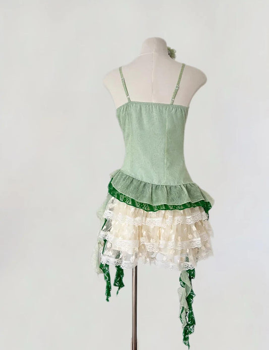 Märchenhafte grüne Spaghettiträger, figurbetontes Spitzen-Tüll-Kurzballkleid, Homecoming-Kleid, ED02542