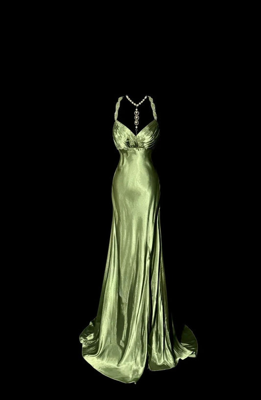 Elegantes grünes V-Ausschnitt Satin Meerjungfrau Langes Ballkleid Vintage Perlen Abendkleid ED02549
