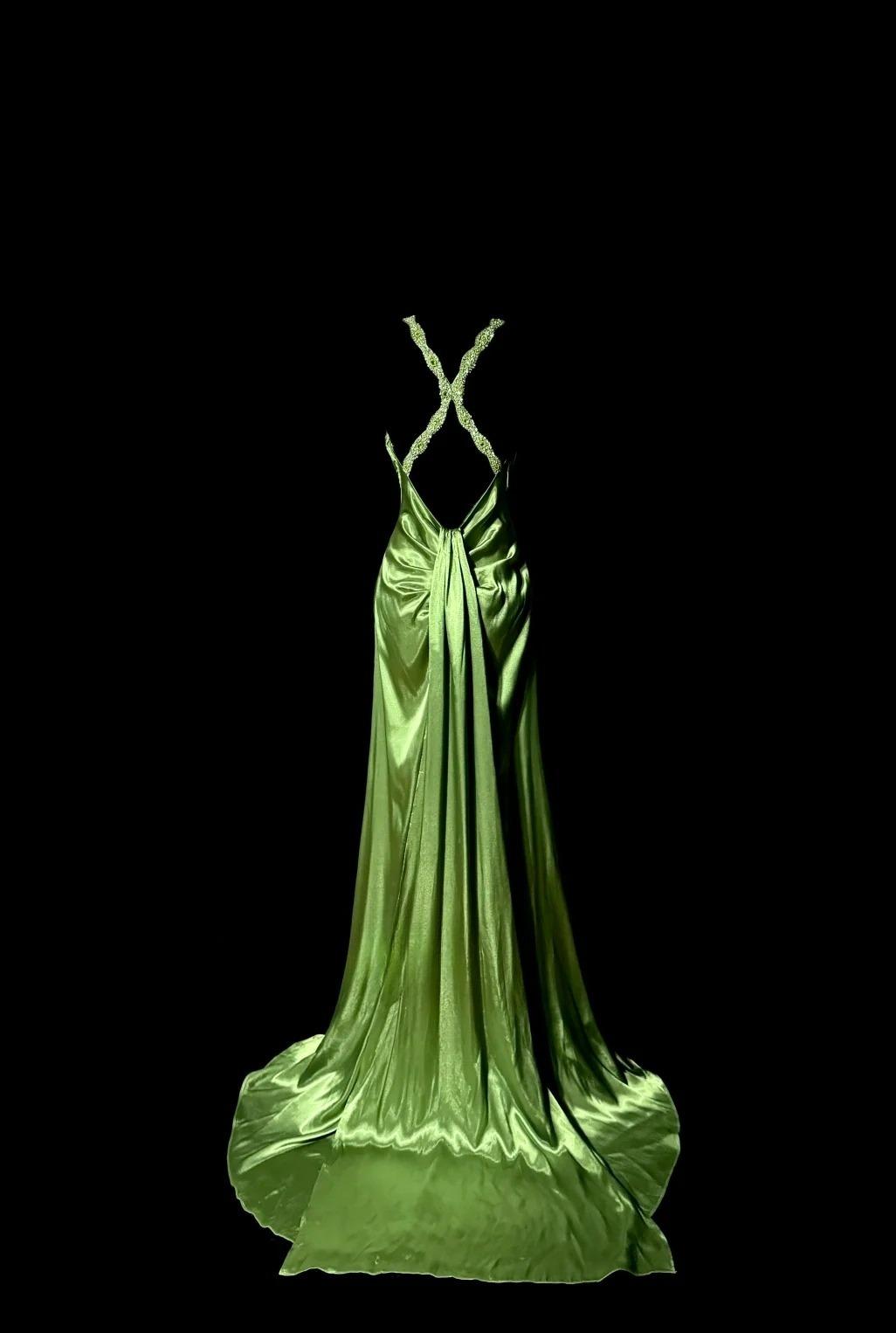 Elegantes grünes V-Ausschnitt Satin Meerjungfrau Langes Ballkleid Vintage Perlen Abendkleid ED02549