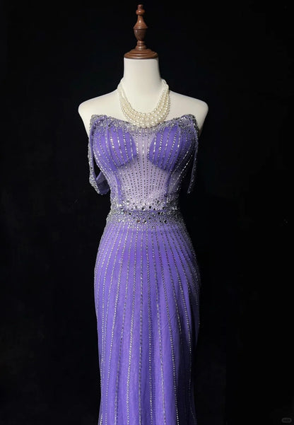 Superbe robe de soirée sirène violette à épaules dénudées, en tulle et strass, longue, ED02552
