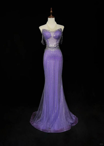 Superbe robe de soirée sirène violette à épaules dénudées, en tulle et strass, longue, ED02552
