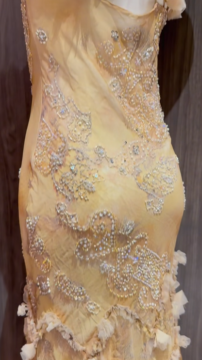 Glam Yellow Straps Mermaid Chiffon Beading Long Prom Dresses Vintage Evening Gowns ED02553