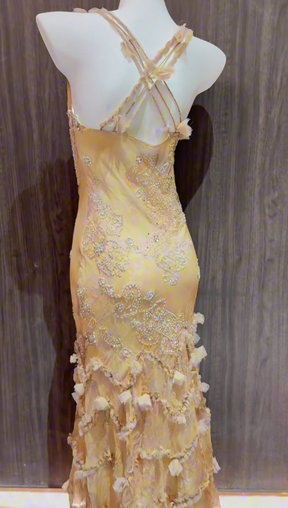 Glamouröse gelbe Träger Meerjungfrau Chiffon Perlen verziert lange Ballkleider Vintage Abendkleider ED02553