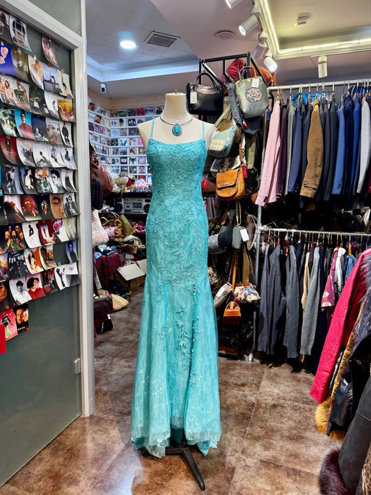 Wunderschönes türkisfarbenes Meerjungfrau-Abendkleid mit quadratischem Ausschnitt und Tüllapplikationen, langes rückenfreies Abendkleid, ED02554