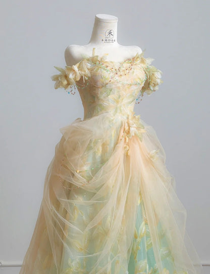 Fairytale Off-the-shoulder A-Line Tulle Applique Long Prom Dresses Sweet Birthday Evening Gowns ED02555