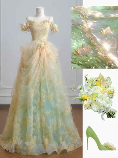 Märchenhaftes schulterfreies A-Linien-Abendkleid mit Tüllapplikationen, langes Ballkleid, süßes Geburtstags-Abendkleid ED02555