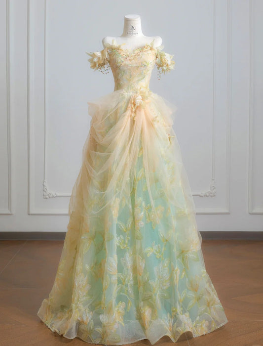 Fairytale Off-the-shoulder A-Line Tulle Applique Long Prom Dresses Sweet Birthday Evening Gowns ED02555