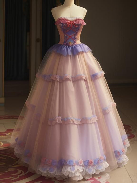 Robe de soirée longue en tulle rose pâle, coupe trapèze, sans bretelles, ED02560