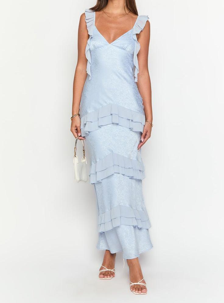 Robe de soirée élégante en mousseline de soie, col en V, gris et bleu, ED02561