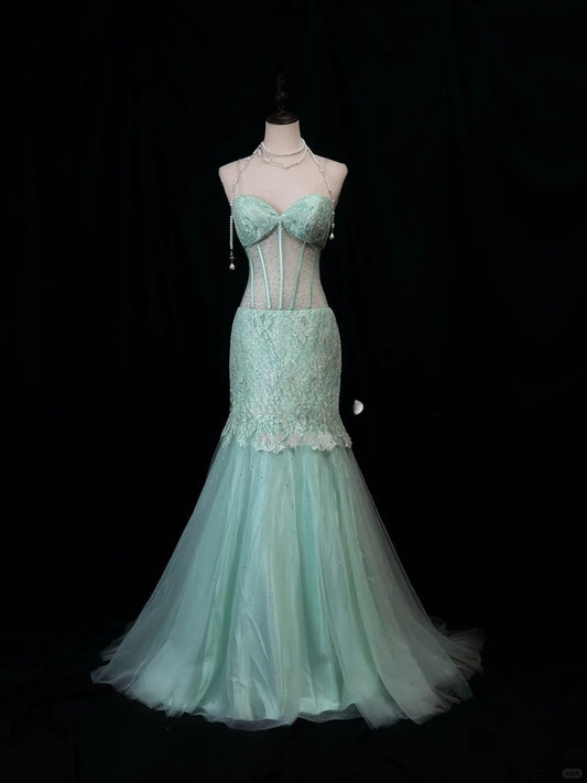 Robe de soirée élégante en tulle bleu Tiffany, décolleté en cœur, style sirène, avec appliques en dentelle, ED02563