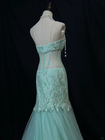 Robe de soirée élégante en tulle bleu Tiffany, décolleté en cœur, style sirène, avec appliques en dentelle, ED02563