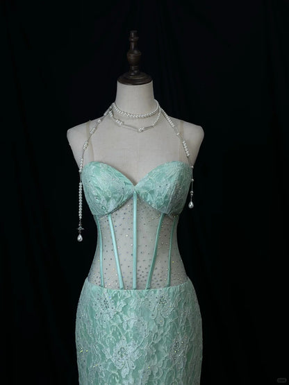 Robe de soirée élégante en tulle bleu Tiffany, décolleté en cœur, style sirène, avec appliques en dentelle, ED02563