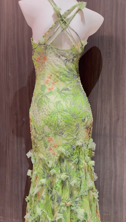 Superbe robe de bal sirène verte à bretelles spaghetti, en mousseline imprimée, avec perles, style vintage, ED02564