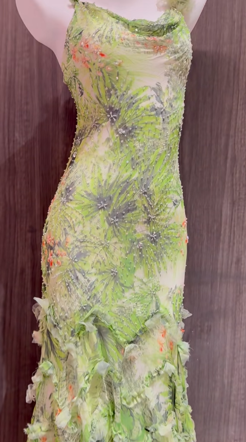 Superbe robe de bal sirène verte à bretelles spaghetti, en mousseline imprimée, avec perles, style vintage, ED02564