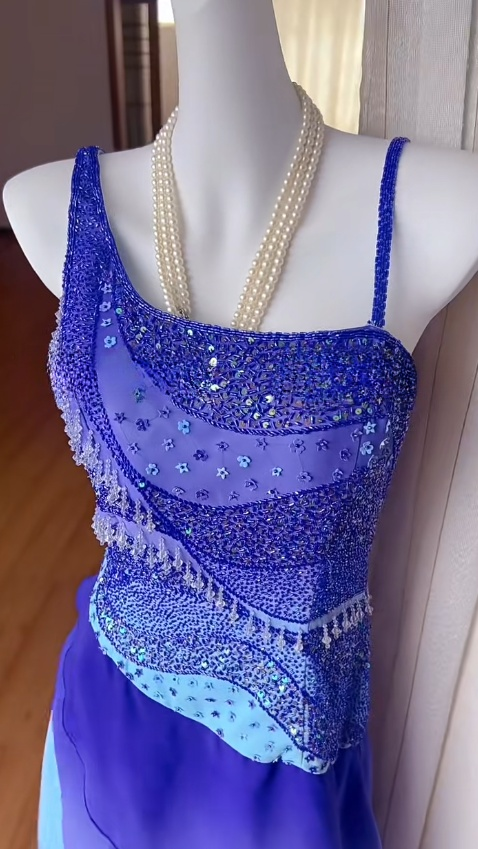 Superbe robe de bal longue en mousseline de soie à col asymétrique dégradé bleu, robe de soirée vintage ED02565