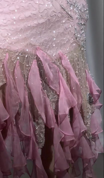 Robe de soirée courte rose à bretelles spaghetti, fourreau en mousseline de soie et perles, style vintage, ED02566