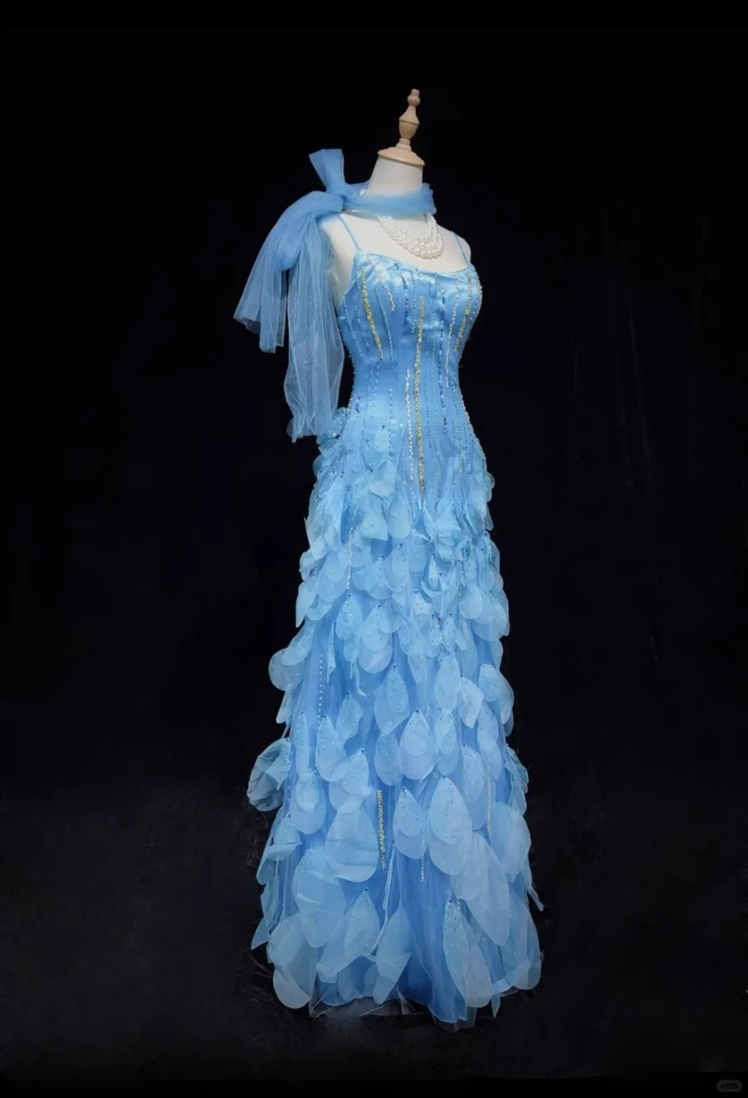 Robe de bal longue en mousseline de soie à bretelles spaghetti bleues et perles, robe de soirée d'anniversaire ED02567