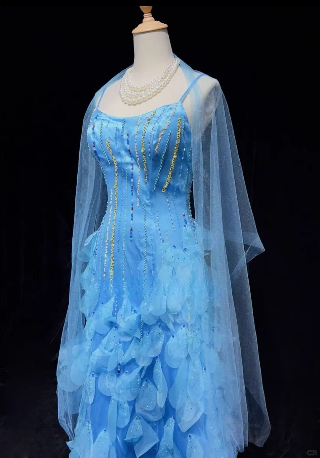 Robe de bal longue en mousseline de soie à bretelles spaghetti bleues et perles, robe de soirée d'anniversaire ED02567