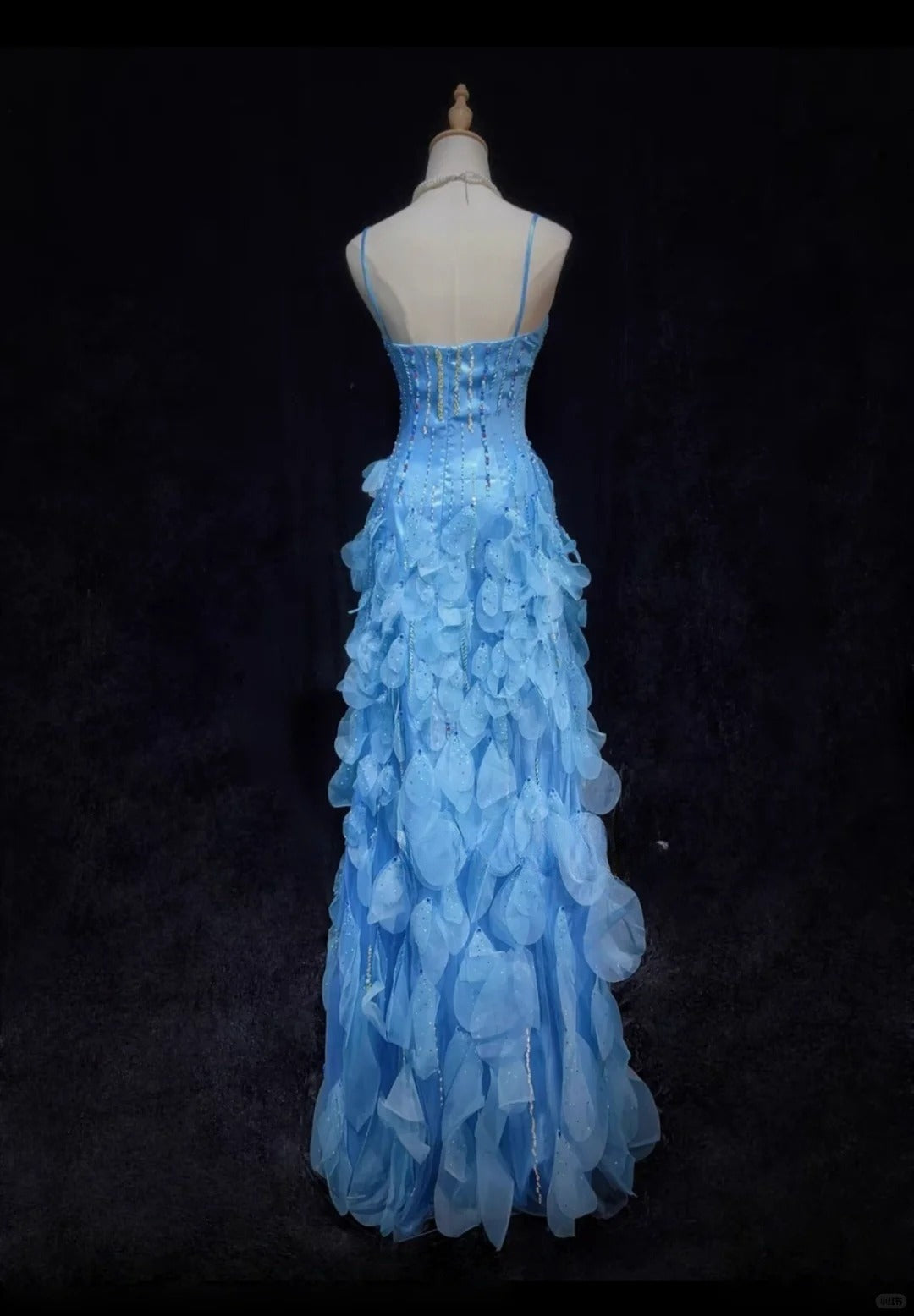 Robe de bal longue en mousseline de soie à bretelles spaghetti bleues et perles, robe de soirée d'anniversaire ED02567
