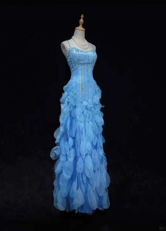 Robe de bal longue en mousseline de soie à bretelles spaghetti bleues et perles, robe de soirée d'anniversaire ED02567