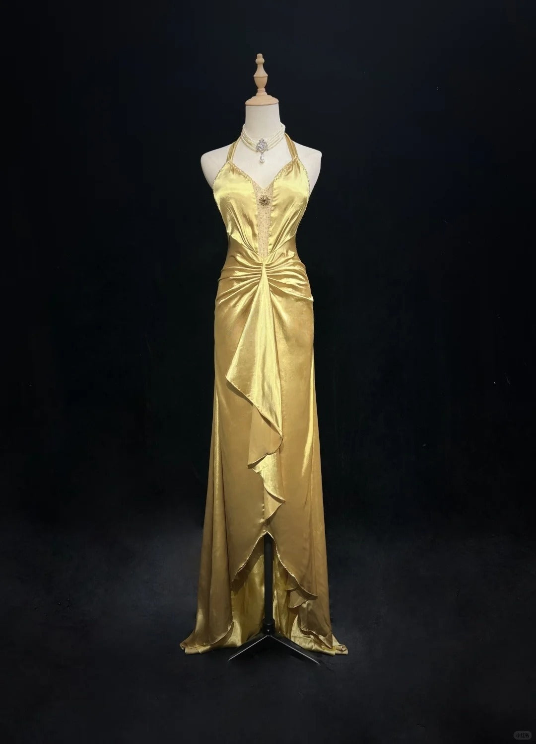 Robe de soirée longue en satin jaune, élégante, col licou, style vintage, ED02568