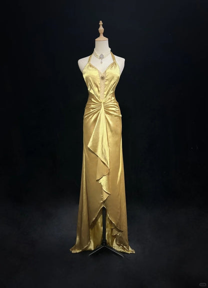 Robe de soirée longue en satin jaune, élégante, col licou, style vintage, ED02568