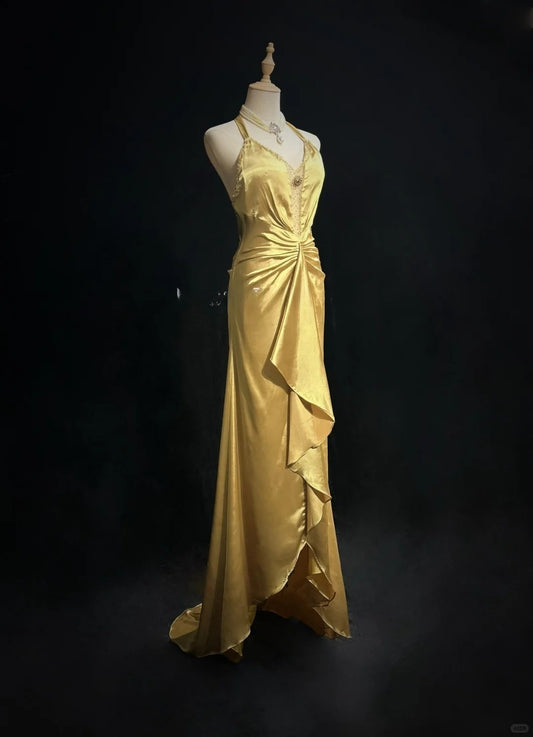 Robe de soirée longue en satin jaune, élégante, col licou, style vintage, ED02568