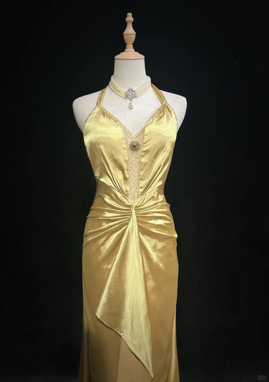 Robe de soirée longue en satin jaune, élégante, col licou, style vintage, ED02568